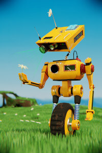 A robot in a post apocalyptic field holding a flower